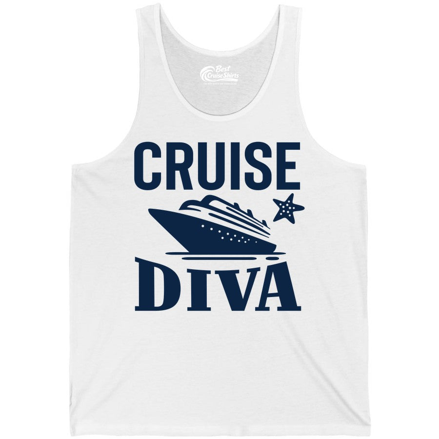 Cruise Diva Shirt - Bold Nautical Vacation Apparel for Women (Tank Top) in White - Cruise Diva Shirt - Bold Nautical Block Letters with Cruise Ship Graphic