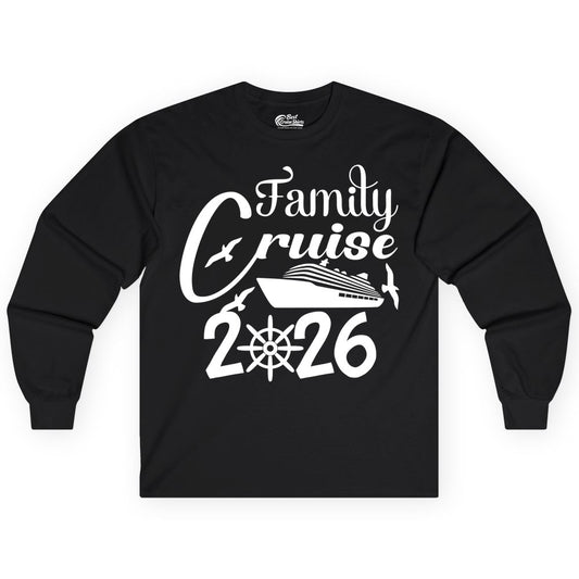 Family Cruise Shirts 2026 - Matching Cruise Group Shirts for Families (Long Sleeve) in Black - Family Cruise 2026 Shirt with Cruise Ship and Seagulls Graphic