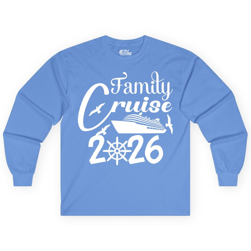 Family Cruise Shirts 2026 - Matching Cruise Group Shirts for Families (Long Sleeve) in Carolina Blue - Family Cruise 2026 Shirt with Cruise Ship and Seagulls Graphic