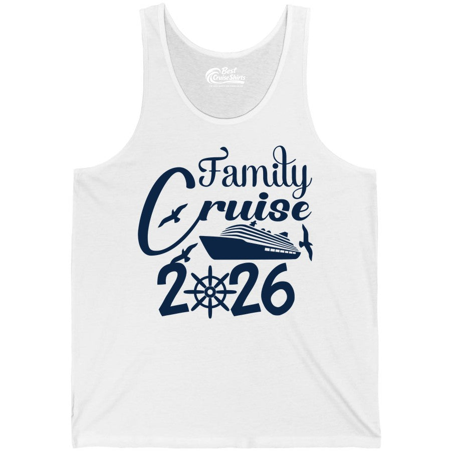 Family Cruise Shirts 2026 - Matching Cruise Group Shirts for Families (Tank Top) in White - Family Cruise 2026 Shirt with Cruise Ship and Seagulls Graphic