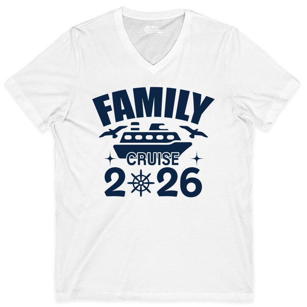 Family Cruise 2026 Shirt - Matching Cruise Vacation Shirt for Families (V-Neck) in White - Family Cruise 2026 Matching Nautical Ship Shirt for Group Trips