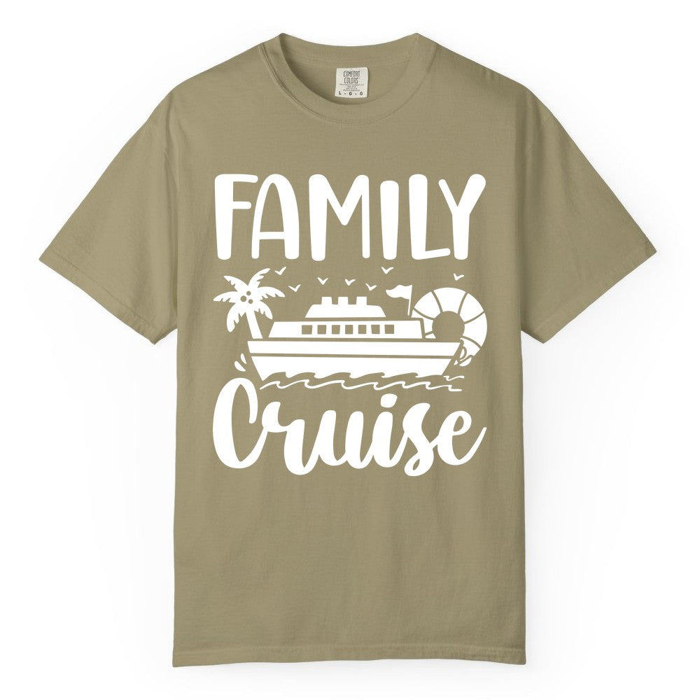 Family Cruise Shirt - Matching Cruise Vacation Tee for Families (Comfort Color) in Khaki - Family Cruise Shirt - Tropical Palm and Cruise Ship Vacation Design