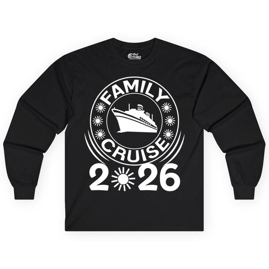 Family Cruise 2026 Shirt - Matching Family Cruise Trip Vacation Tees (Long Sleeve) in Black - Family Cruise 2026 Shirt - Bold Ship and Playful Sun Vacation Design