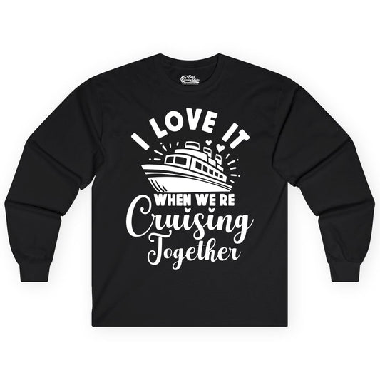 Cruising Together Shirt - Romantic Couples Cruise Vacation T-Shirt (Long Sleeve) in Black - Romantic Cruise Ship Cruising Together Shirt With Hearts Design