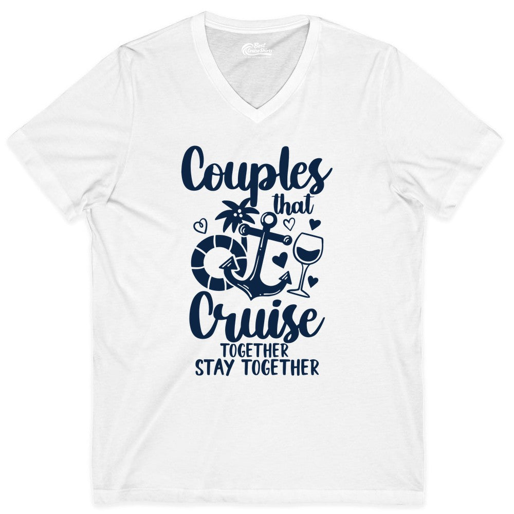 Couples Cruise Shirt - Romantic Cruise Vacation Apparel Gift (V-Neck) in White - Couples Cruise Together Nautical Romantic Vacation Shirt Design