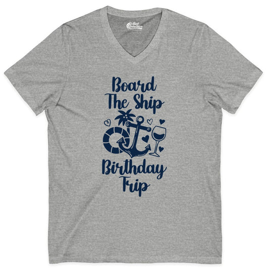 Cruise Birthday Shirt - Nautical Birthday Trip Tee for Adults (V-Neck) in Athletic Heather - Board the Ship Cruise Birthday Shirt With Nautical Party Icons