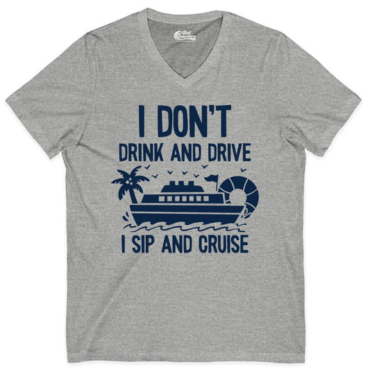 I Sip and Cruise Shirt - Funny Cruise Drinking Tee for Vacationers (V-Neck) in Athletic Heather - I Sip And Cruise Funny Drinking Shirt With Cruise Ship And Tropics