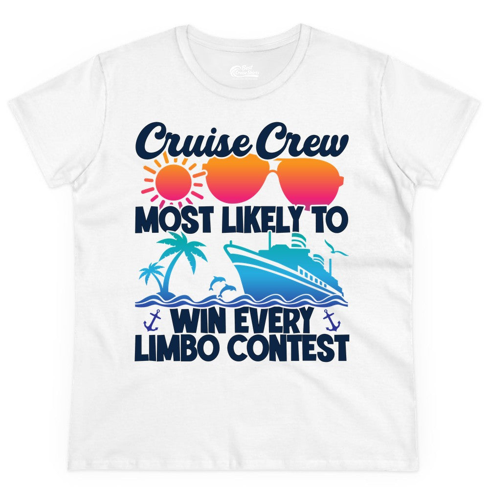 Cruise Crew Shirt - Funny Limbo Contest Tee for Group Cruises (Ladies Tee) in White - Cruise Crew Limbo Contest Funny Group Caribbean Party Shirt