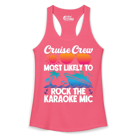 Cruise Crew Shirt - Fun Karaoke Party Vacation Group Apparel (Ladies Tank) in Hot Pink - Cruise Crew Karaoke Party Shirt - Tropical Sunset Sunglasses Design