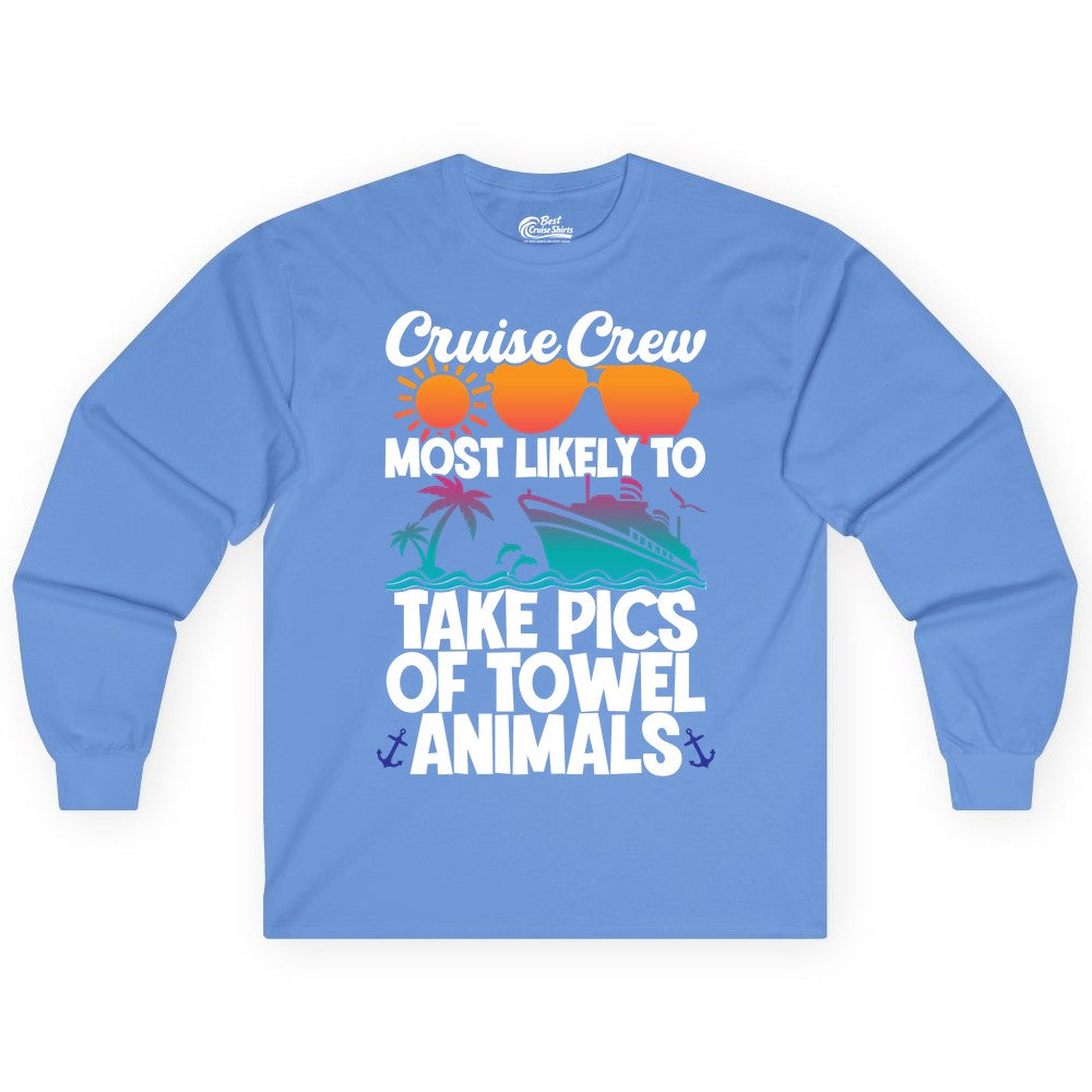 Cruise Crew Shirt - Funny Cruise Vacation Apparel for Family Trips (Long Sleeve) in Carolina Blue - Cruise Crew Towel Animal Photo Squad Tropical Sunset Shirt