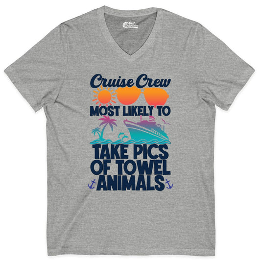 Cruise Crew Shirt - Funny Cruise Vacation Apparel for Family Trips (V-Neck) in Athletic Heather - Cruise Crew Towel Animal Photo Squad Tropical Sunset Shirt