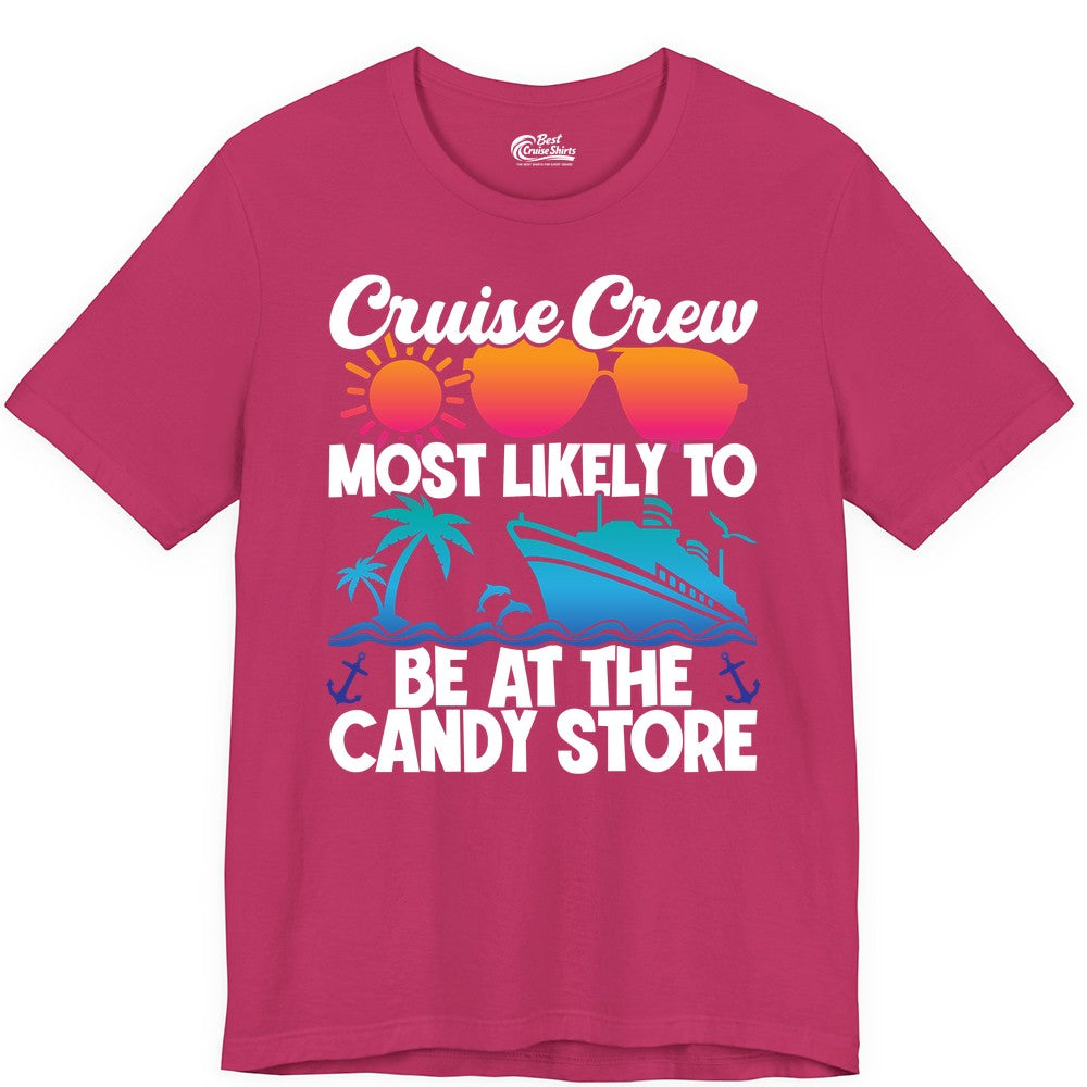 Cruise Crew Shirt - Fun Tropical Cruise Vacation Apparel for Groups (Premium Tee) in Berry - Cruise Crew Most Likely To Be At The Candy Store Tropical Shirt