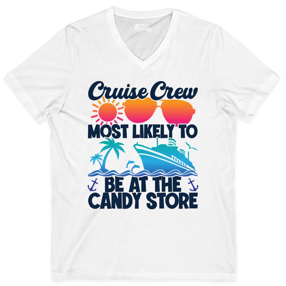 Cruise Crew Shirt - Fun Tropical Cruise Vacation Apparel for Groups (V-Neck) in White - Cruise Crew Most Likely To Be At The Candy Store Tropical Shirt