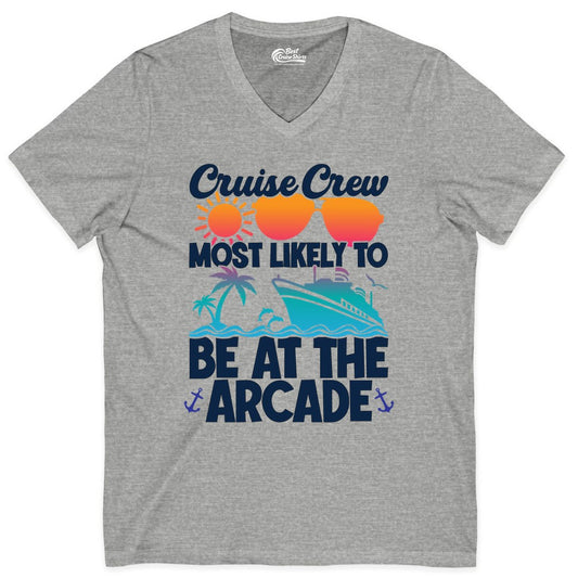 Cruise Crew Shirt - Funny Arcade Lover Vacation Group Tee (V-Neck) in Athletic Heather - Cruise Crew Most Likely To Be At The Arcade Shirt Tropical Fun