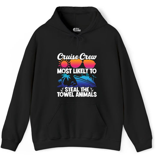 Cruise Crew Shirt - Funny Towel Animal Cruise Group Apparel (Hoodie) in Black - Cruise Crew Most Likely to Steal the Towel Animals Shirt