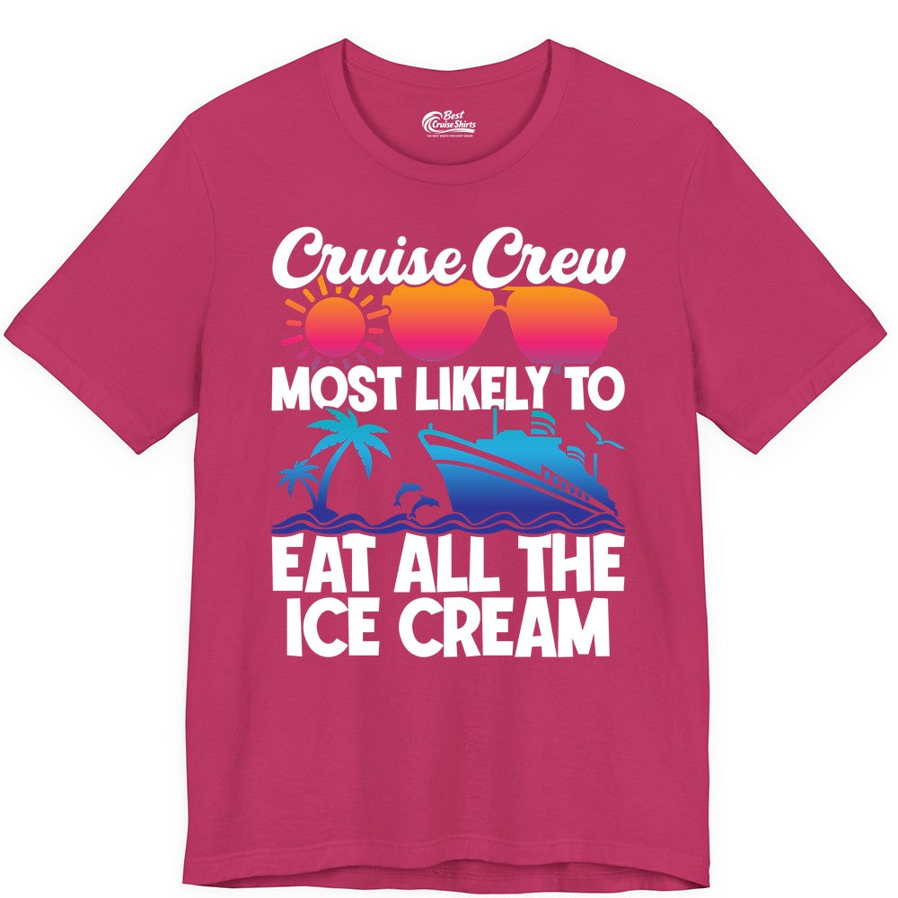 Cruise Crew Shirt - Funny Vacation Group Tee for Ice Cream Lovers (Premium Tee) in Berry - Cruise Crew Shirt - Most Likely To Eat All The Ice Cream Tropical Tee