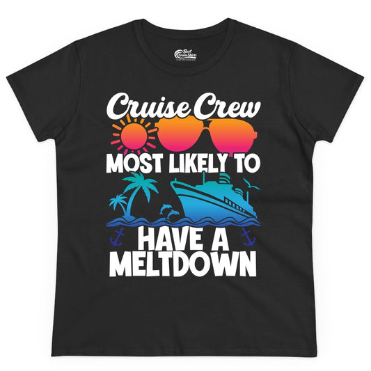 Cruise Crew Shirt - Funny Cruise Meltdown Apparel for Vacations (Ladies Tee) in Black - Cruise Crew Meltdown Shirt - Funny Tropical Sunset Ship Design