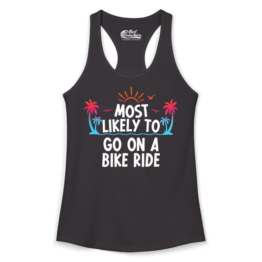 Most Likely to Go On a Bike Ride Shirt - Tropical Sunset Tee (Ladies Tank) in Black - Most Likely To Go On A Bike Ride Tropical Sunset Palm Trees Shirt