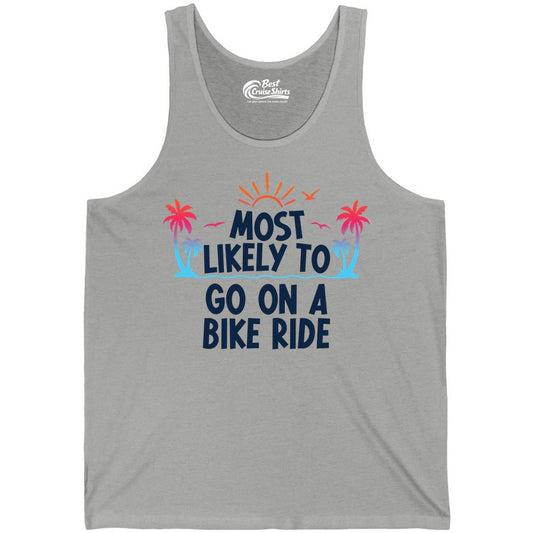 Most Likely to Go On a Bike Ride Shirt - Tropical Sunset Tee (Tank Top) in Athletic Heather - Most Likely To Go On A Bike Ride Tropical Sunset Palm Trees Shirt