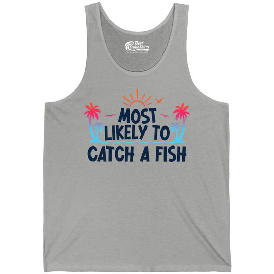 Most Likely to Catch a Fish Shirt - Funny Tropical Fishing Tee (Tank Top) in Athletic Heather - Most Likely To Catch A Fish Tropical Retro Sunset Fishing Shirt