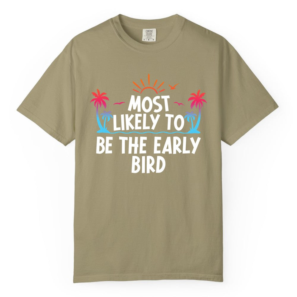 Early Bird Beach Shirt - Tropical Sunrise Palm Tree Vacation Tee (Comfort Color) in Khaki - Early Bird Tropical Sunrise Shirt - Palm Trees Birds Beach Tee
