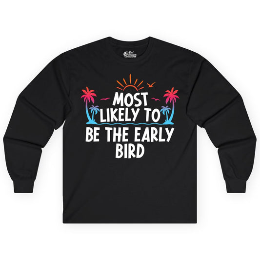 Early Bird Beach Shirt - Tropical Sunrise Palm Tree Vacation Tee (Long Sleeve) in Black - Early Bird Tropical Sunrise Shirt - Palm Trees Birds Beach Tee