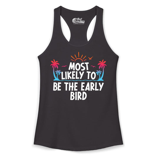 Early Bird Beach Shirt - Tropical Sunrise Palm Tree Vacation Tee (Ladies Tank) in Black - Early Bird Tropical Sunrise Shirt - Palm Trees Birds Beach Tee
