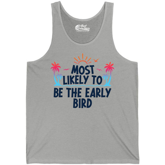Early Bird Beach Shirt - Tropical Sunrise Palm Tree Vacation Tee (Tank Top) in Athletic Heather - Early Bird Tropical Sunrise Shirt - Palm Trees Birds Beach Tee