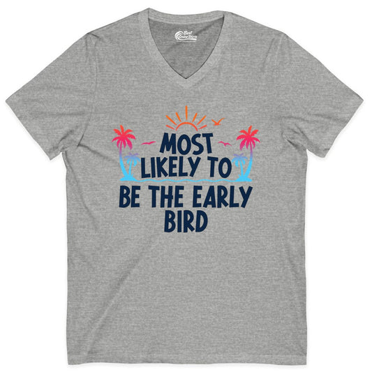 Early Bird Beach Shirt - Tropical Sunrise Palm Tree Vacation Tee (V-Neck) in Athletic Heather - Early Bird Tropical Sunrise Shirt - Palm Trees Birds Beach Tee