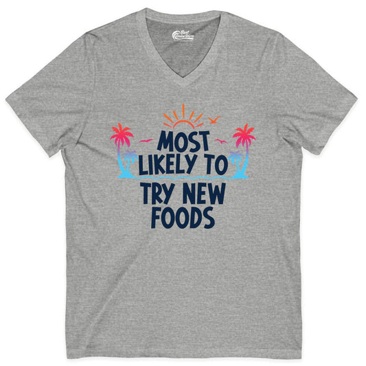 Most Likely to Try New Foods Shirt - Funny Foodie Travel Tee (V-Neck) in Athletic Heather - Most Likely To Try New Foods Tropical Palm Tree Sunset Shirt