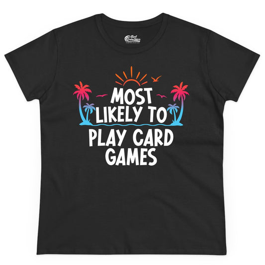 Cruise Card Game Shirt - Tropical Vacation Fun for Family Cruises (Ladies Tee) in Black - Tropical Cruise Card Game Shirt - Sunset Palms Playful Vacation Tee