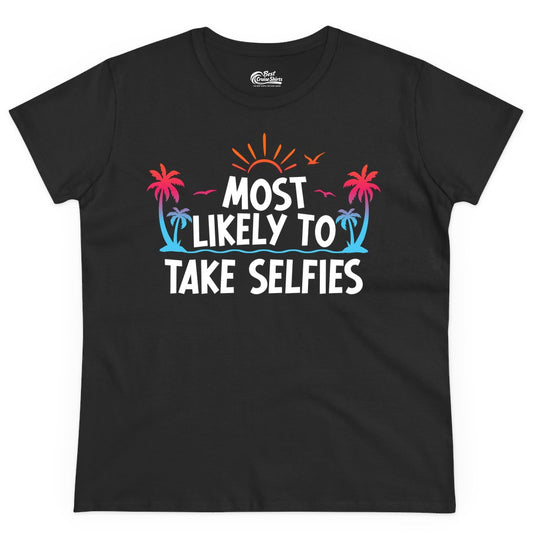 Most Likely to Take Selfies Shirt - Tropical Vacation Funny Tee (Ladies Tee) in Black - Most Likely to Take Selfies Tropical Sunset Palm Trees Shirt