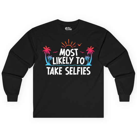 Most Likely to Take Selfies Shirt - Tropical Vacation Funny Tee (Long Sleeve) in Black - Most Likely to Take Selfies Tropical Sunset Palm Trees Shirt