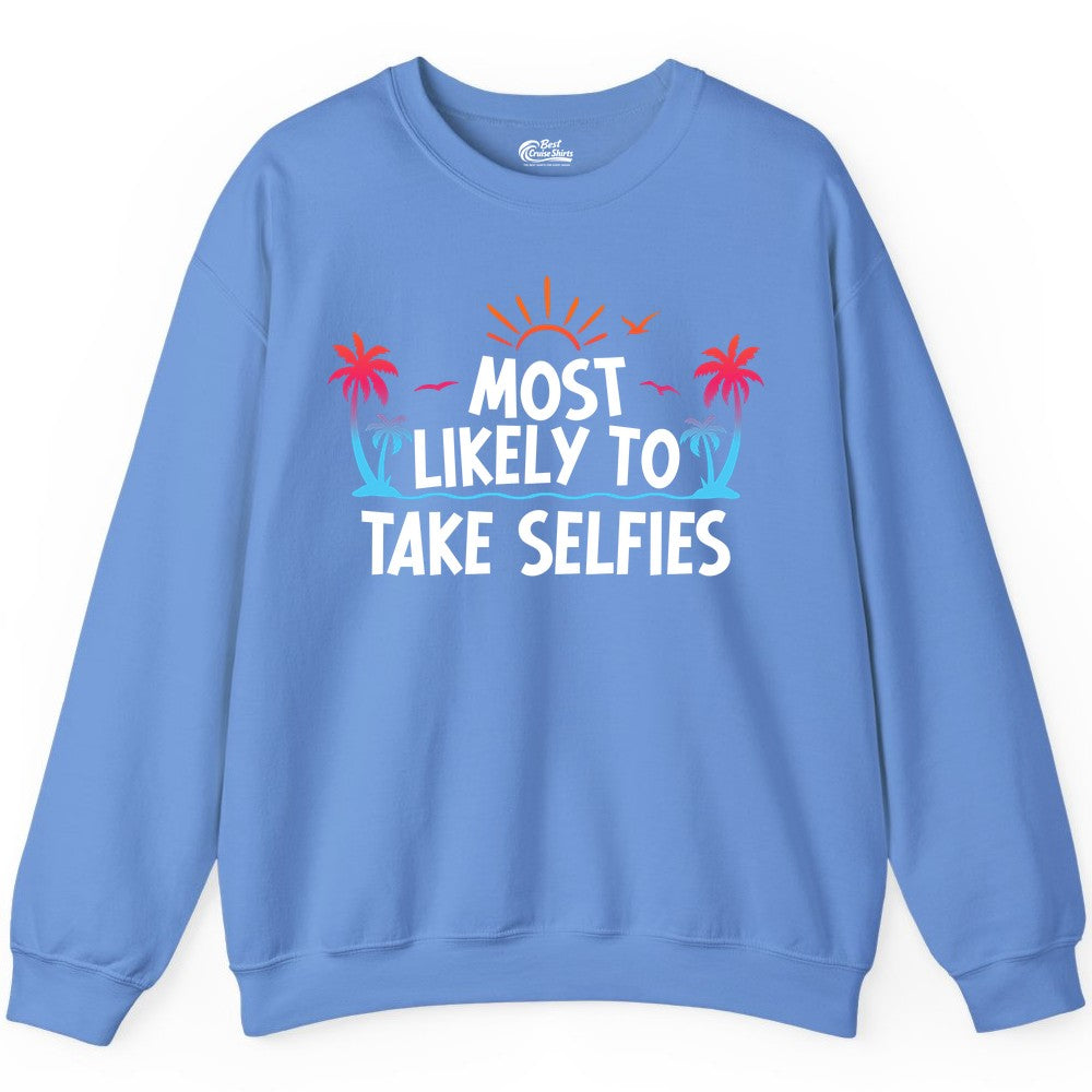 Most Likely to Take Selfies Shirt - Tropical Vacation Funny Tee (Sweatshirt) in Carolina Blue - Most Likely to Take Selfies Tropical Sunset Palm Trees Shirt
