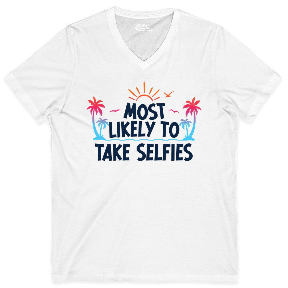 Most Likely to Take Selfies Shirt - Tropical Vacation Funny Tee (V-Neck) in White - Most Likely to Take Selfies Tropical Sunset Palm Trees Shirt