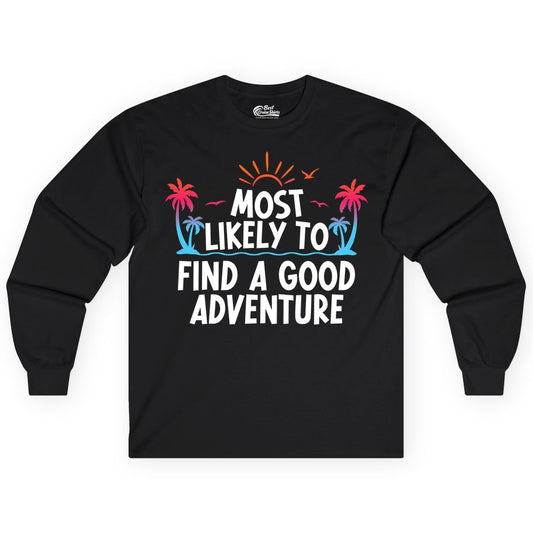 Tropical Adventure Shirt - Sunset Palm Tree Vacation T-Shirt (Long Sleeve) in Black - Tropical Adventure Shirt - Sunset Palm Trees Bold Motivational Design