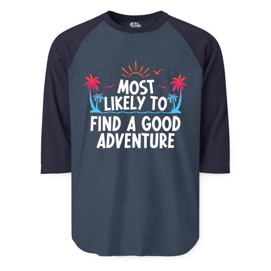 Tropical Adventure Shirt - Sunset Palm Tree Vacation T-Shirt (Raglan) in Heather DenimNavy - Tropical Adventure Shirt - Sunset Palm Trees Bold Motivational Design