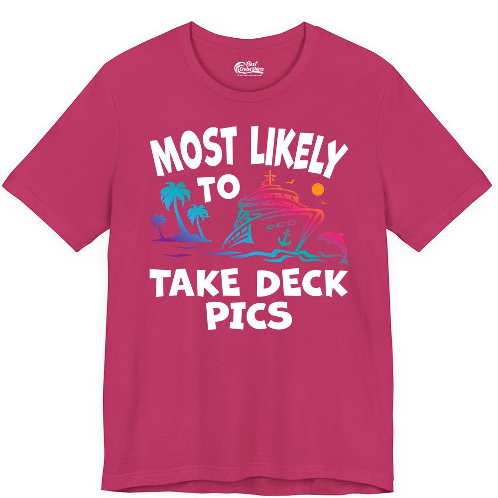 Most Likely to Take Deck Pics Shirt - Funny Cruise Ship Apparel (Premium Tee) in Berry - Most Likely To Take Deck Pics Cruise Shirt Tropical Sunset Humor