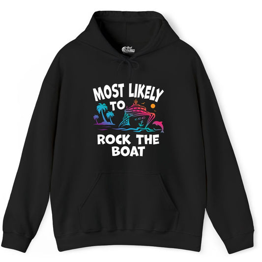 Cruise Shirt Funny - Rock the Boat Tropical Sunset Vacation Tee (Hoodie) in Black - Most Likely to Rock the Boat Cruise Shirt Tropical Sunset Graphic