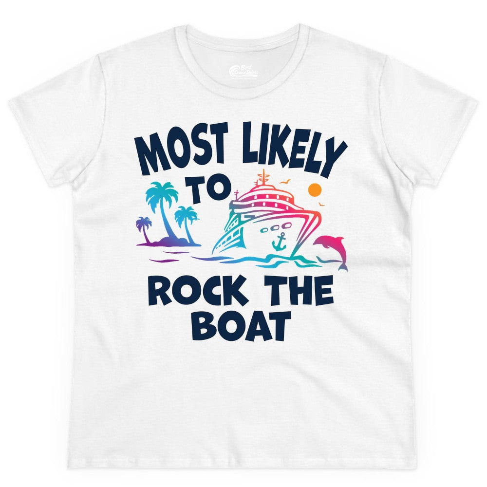 Cruise Shirt Funny - Rock the Boat Tropical Sunset Vacation Tee (Ladies Tee) in White - Most Likely to Rock the Boat Cruise Shirt Tropical Sunset Graphic