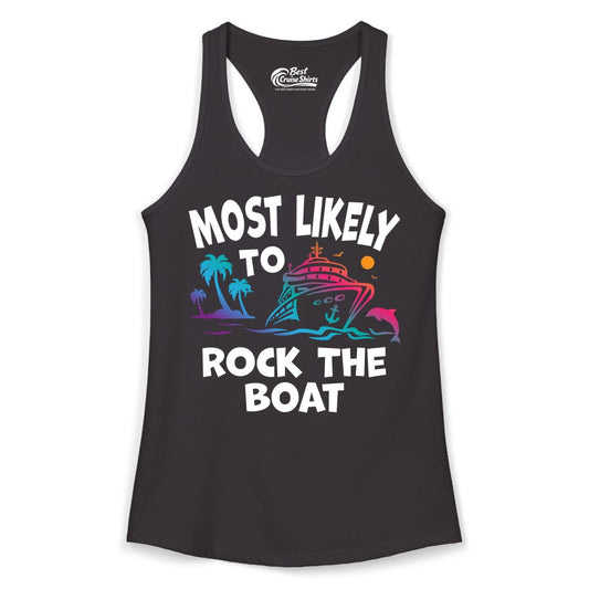 Cruise Shirt Funny - Rock the Boat Tropical Sunset Vacation Tee (Ladies Tank) in Black - Most Likely to Rock the Boat Cruise Shirt Tropical Sunset Graphic