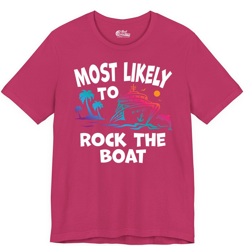 Cruise Shirt Funny - Rock the Boat Tropical Sunset Vacation Tee (Premium Tee) in Berry - Most Likely to Rock the Boat Cruise Shirt Tropical Sunset Graphic