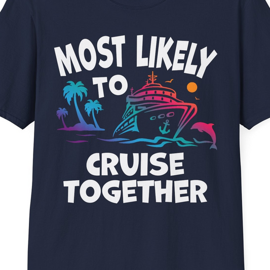 Most Likely To Cruise Together Tropical Sunset Dolphin Shirt — T-Shirt T-Shirt – Best Cruise Shirts Close Up