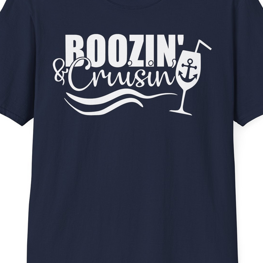 Boozin and Cruisin Shirt T-Shirt – Navy – Best Cruise Shirts Close Up