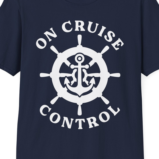 On Cruise Control Nautical Anchor Helm Wheel Cruise Shirt — T-Shirt T-Shirt – Navy – Best Cruise Shirts Close Up