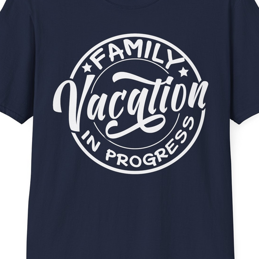 Family Vacation In Progress Bold Circular Stamp Travel Shirt — T-Shirt T-Shirt – Navy – Best Cruise Shirts Close Up