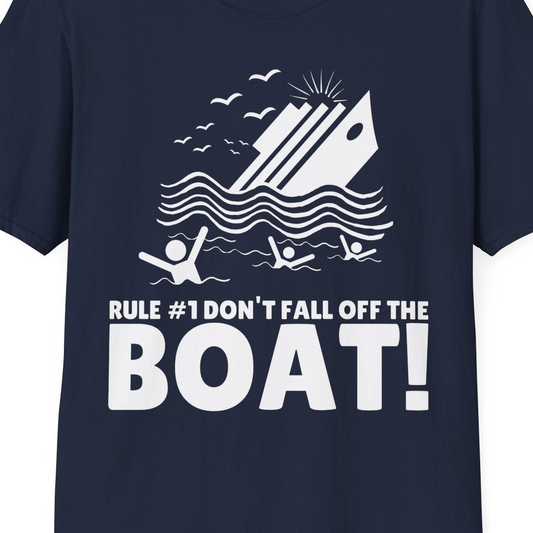 Funny Cruise Ship Safety Warning Sinking Boat Cartoon Shirt — T-Shirt T-Shirt – Navy – Best Cruise Shirts Close Up