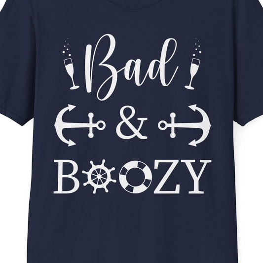 Bad and Boozy Nautical Cruise Shirt with Anchors and Ship Wheel — T-Shirt T-Shirt – Navy – Best Cruise Shirts Close Up