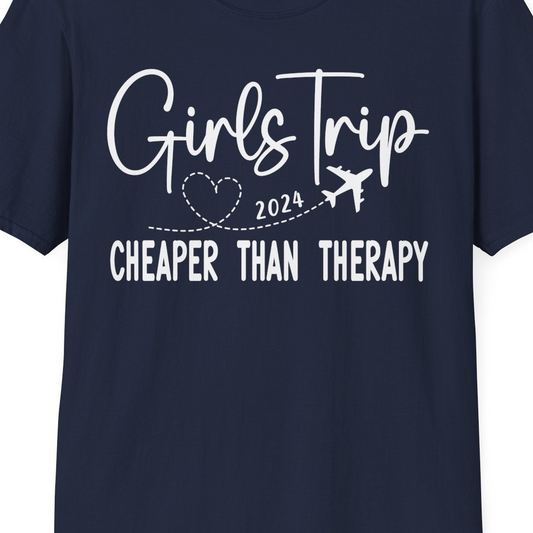 Girls Trip 2024 Cheaper Than Therapy Airplane Heart Travel Shirt — T-Shirt T-Shirt – Navy – Best Cruise Shirts Close Up