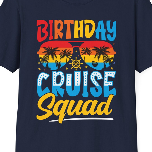Birthday Cruise Squad Tropical Sunset Palm Tree Group Shirt — T-Shirt T-Shirt – Navy – Best Cruise Shirts Close Up